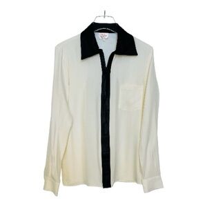 Parker Cream with Black Leather Trim Long Sleeve Silk Blouse Size Large